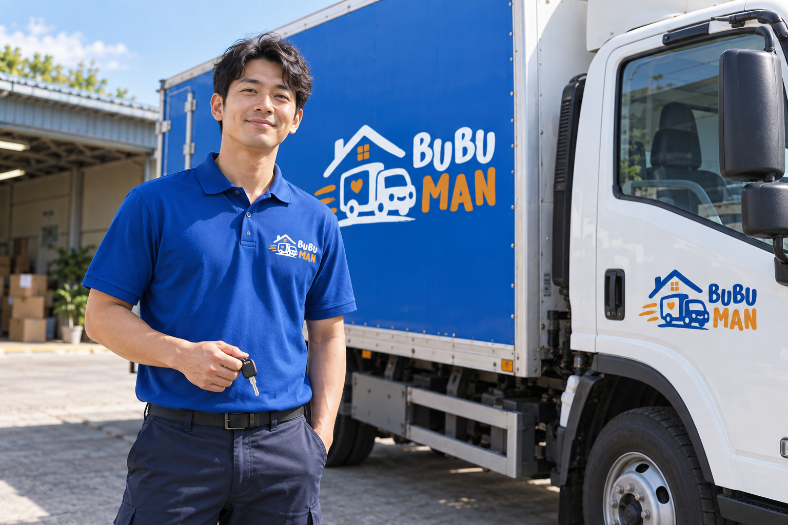 步步品牌合作夥伴手持車鑰匙站在搬家車旁的形象示意