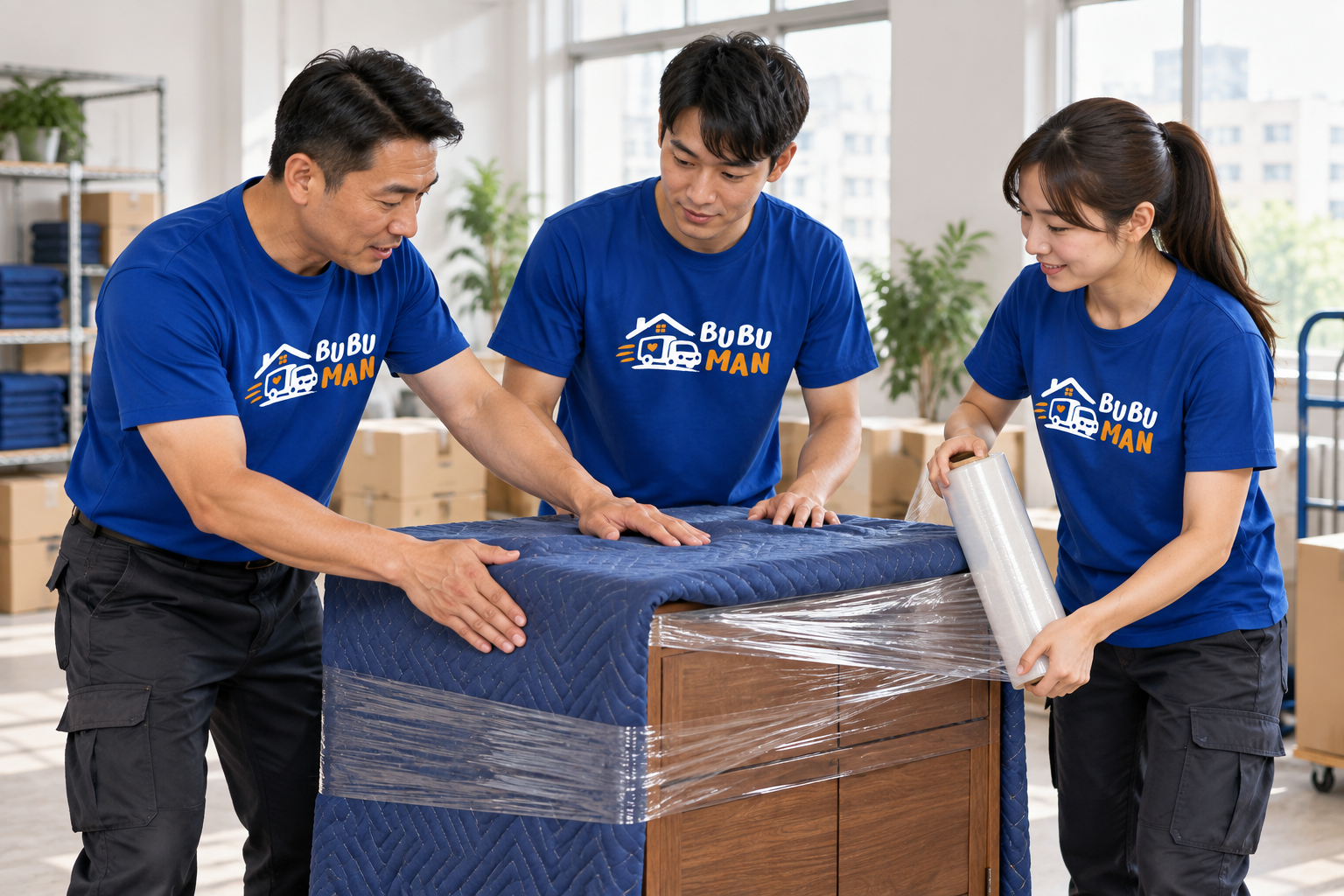 步步品牌講師示範家具防護包裝，夥伴一起實作學習的情境示意